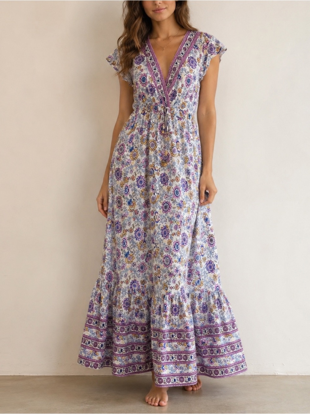 BeBop White Floral Wrap Maxi Dress with Purple & Yellow Print